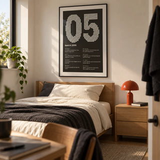 2005 Halftone Print, framed on the wall of a neatly furnished university single bedroom for a student aged 20-21