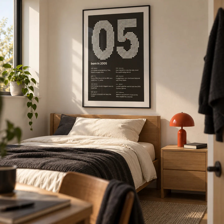 2005 Halftone Print, framed on the wall of a neatly furnished university single bedroom for a student aged 20-21