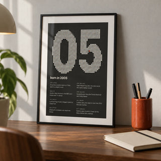 2005 Halftone Print, a small A4 framed print leaning on a walnut desk