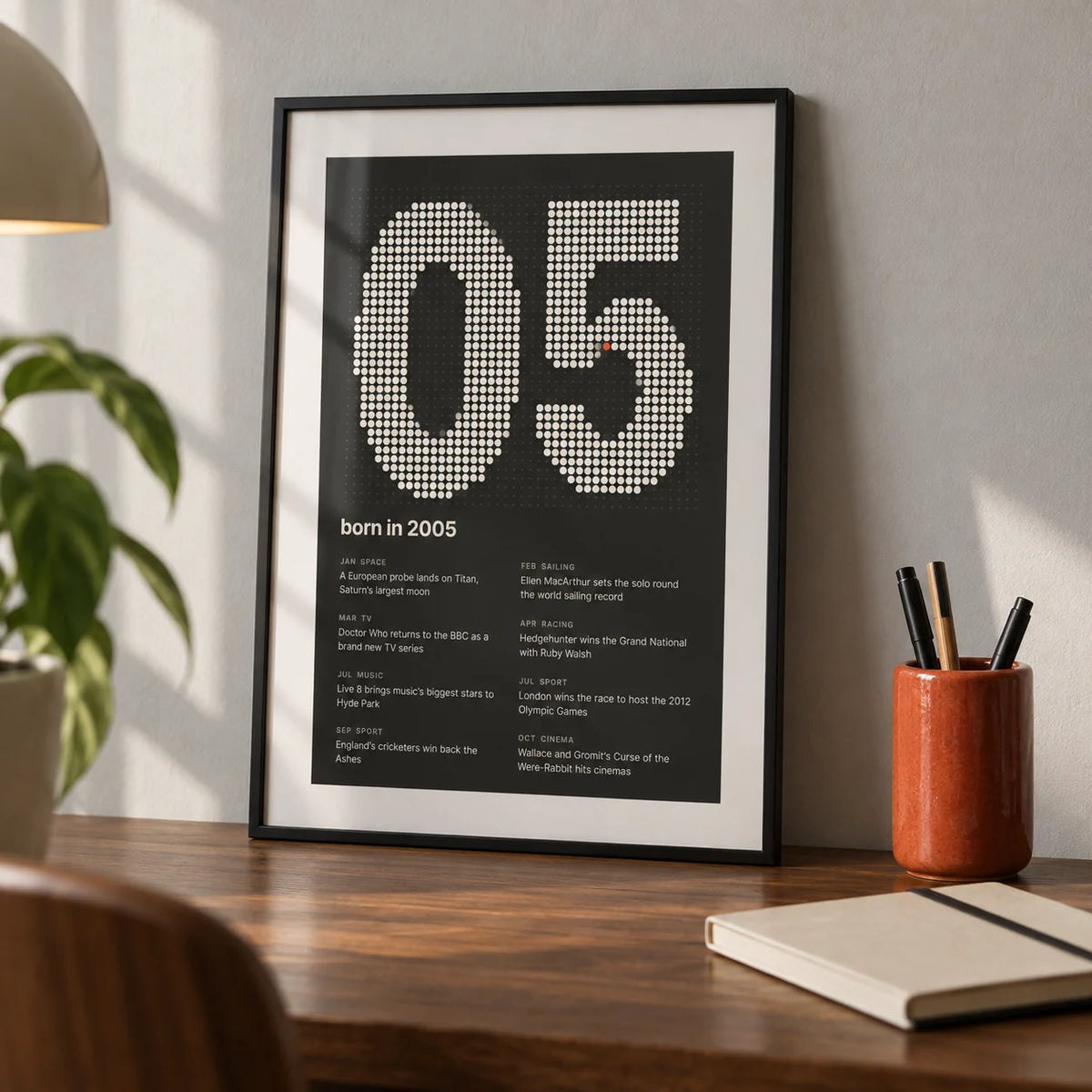 2005 Halftone Print, a small A4 framed print leaning on a walnut desk