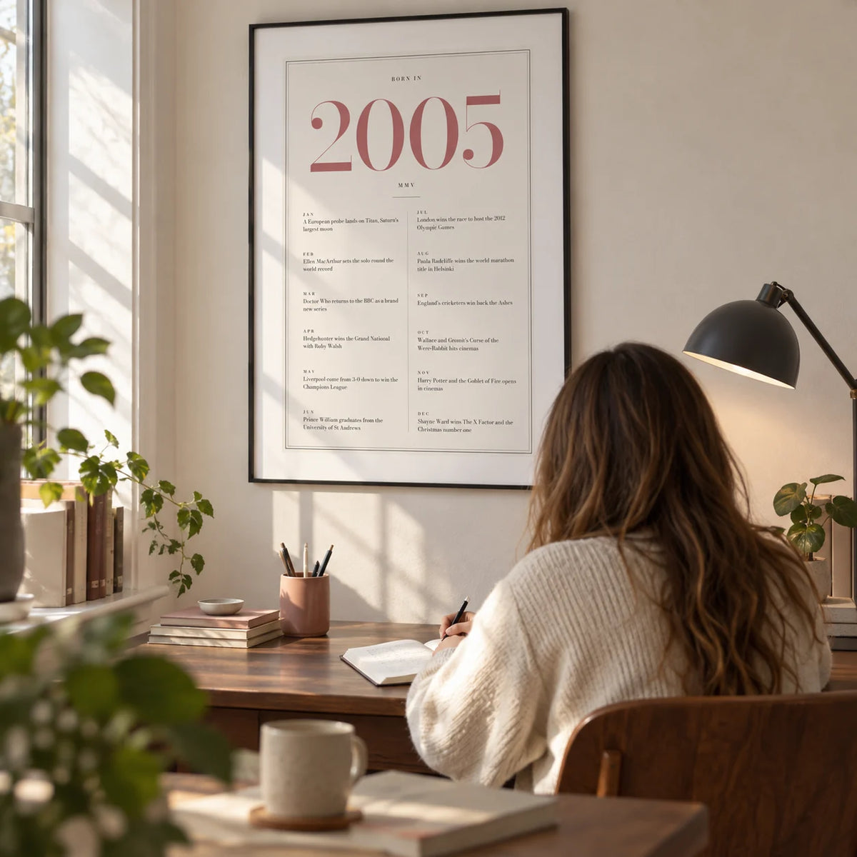 2005 Pink Birthday Print, framed on the wall of a bright study corner in a UK flat for a young adult (20-25)