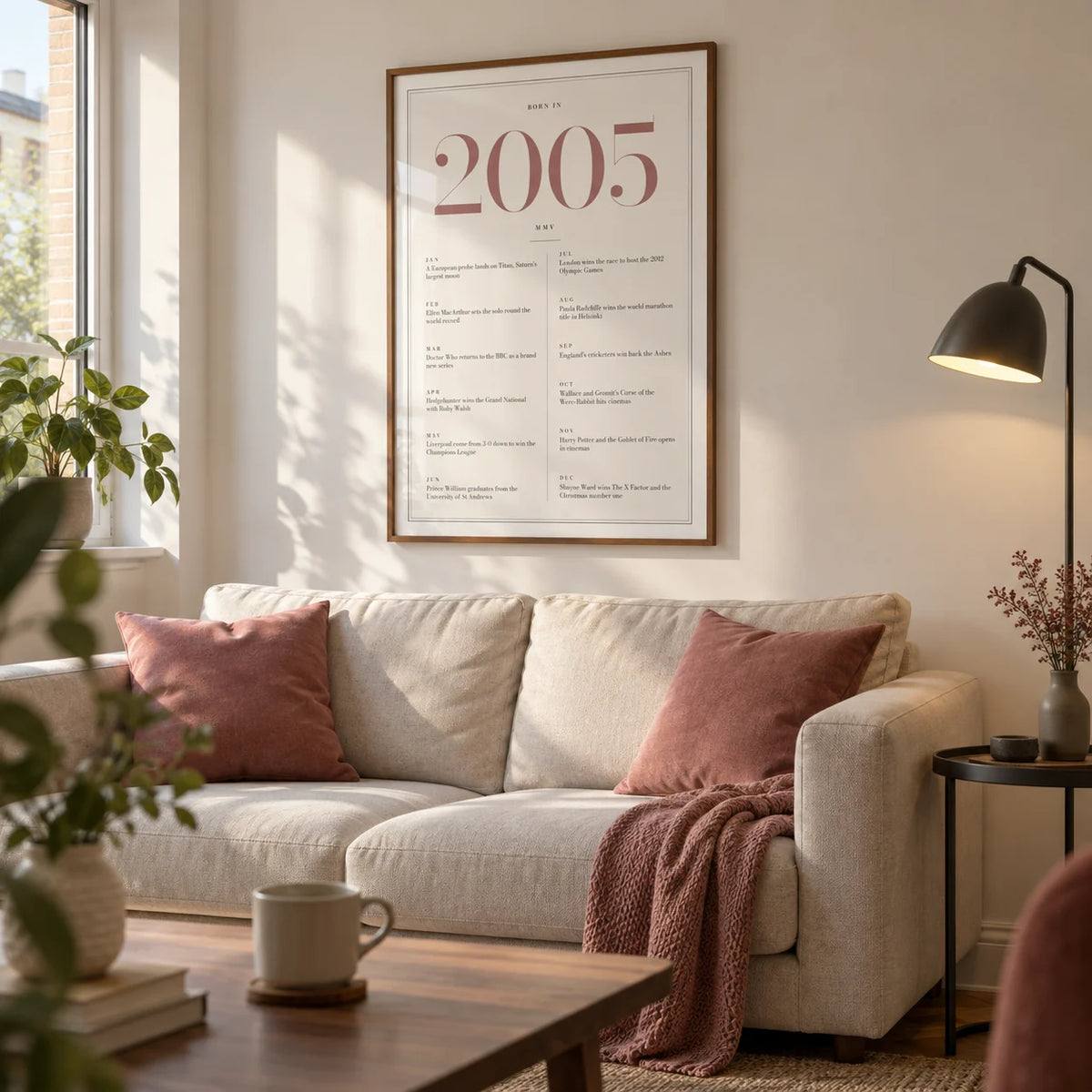 2005 Pink Birthday Print, framed on the wall of a compact contemporary living room in a young adult's first UK flat