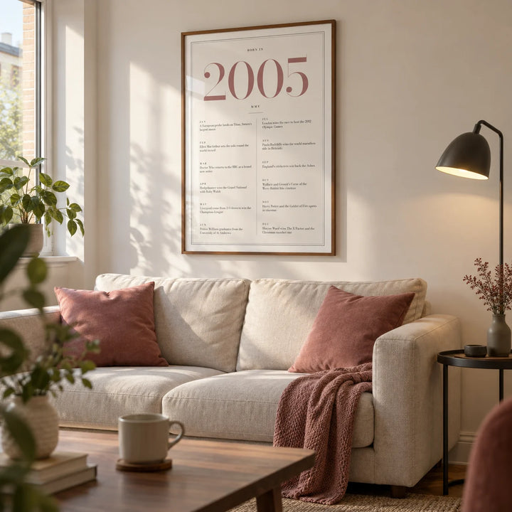 2005 Pink Birthday Print, framed on the wall of a compact contemporary living room in a young adult's first UK flat