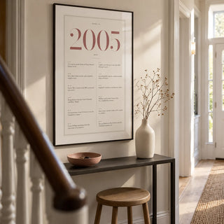 2005 Pink Birthday Print, framed on the wall of a narrow modern hallway in a UK terraced house with warm white walls and pale timber floorboards