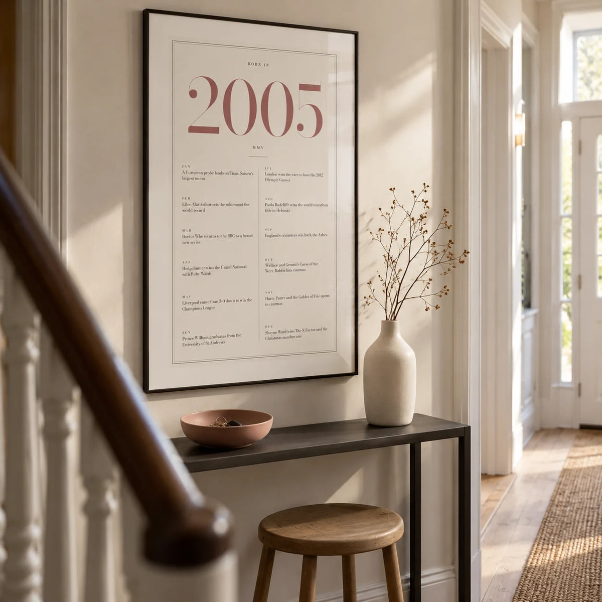 2005 Pink Birthday Print, framed on the wall of a narrow modern hallway in a UK terraced house with warm white walls and pale timber floorboards