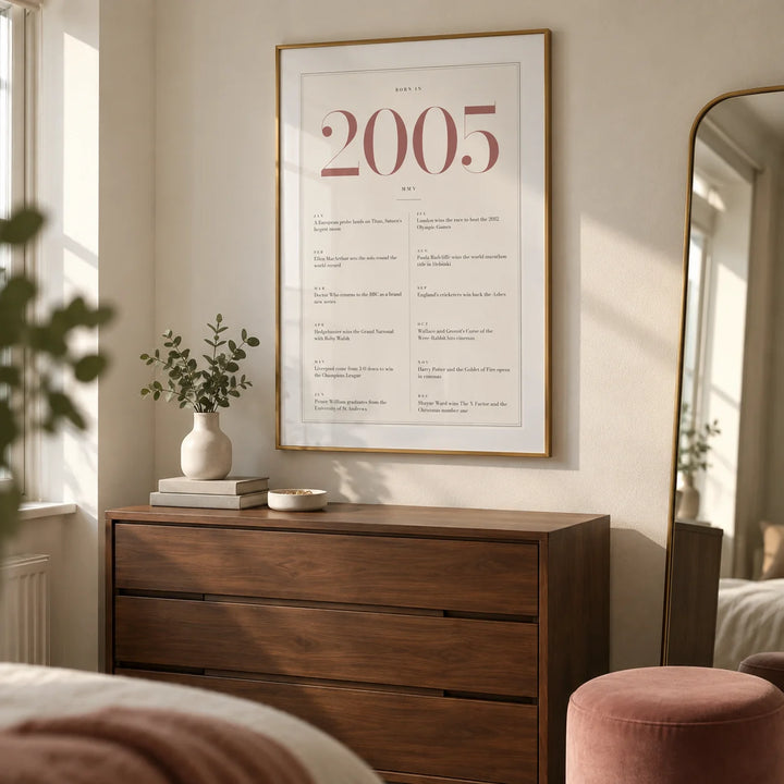 2005 Pink Birthday Print, framed on the wall of a neat dressing corner in a young adult's UK flat