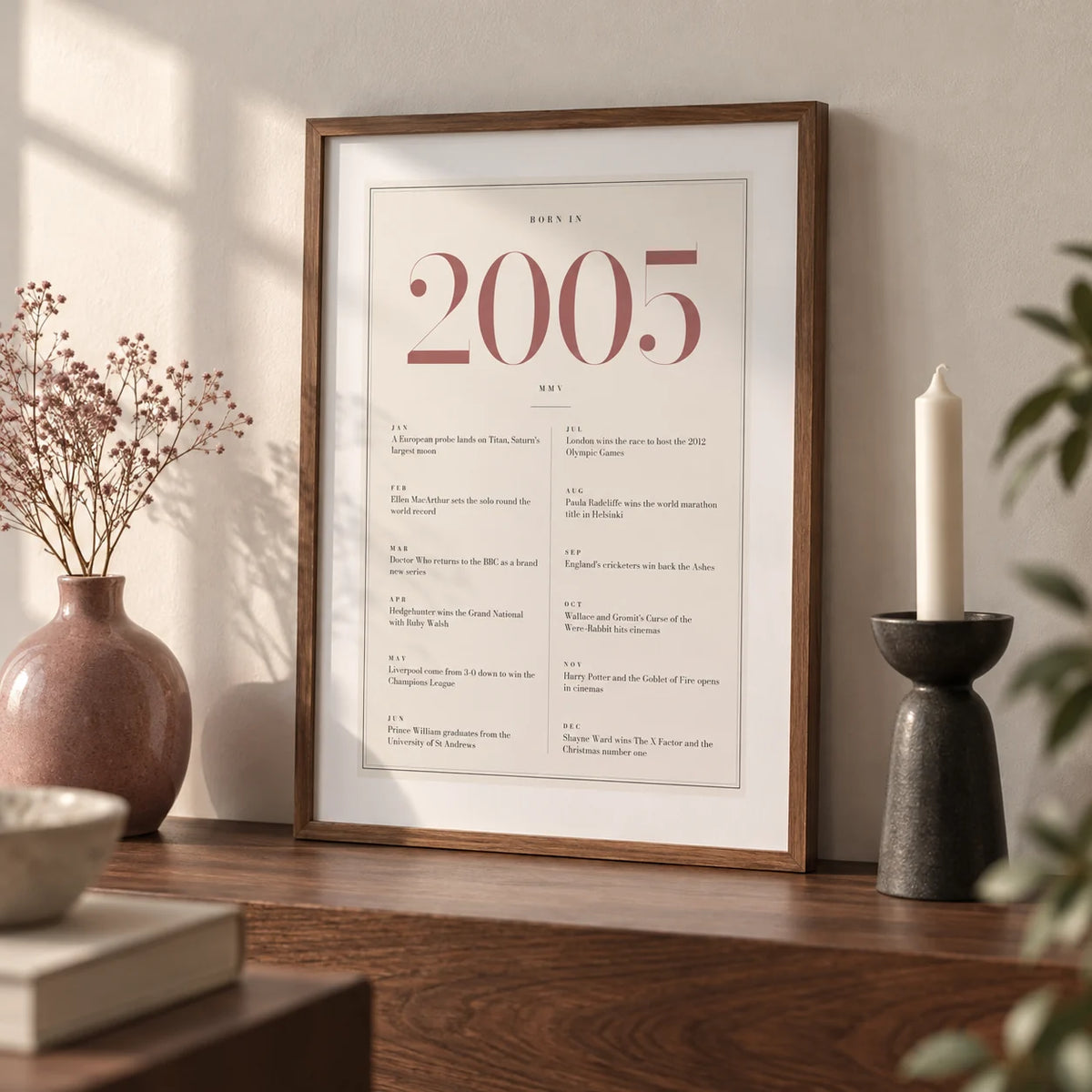 2005 Pink Birthday Print, a small A4 framed print leaning on a walnut shelf in a living room