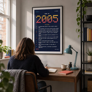2005 Pixel Art Print, framed on the wall of a compact study in a UK terraced house with a pale grey wall and black metal shelving