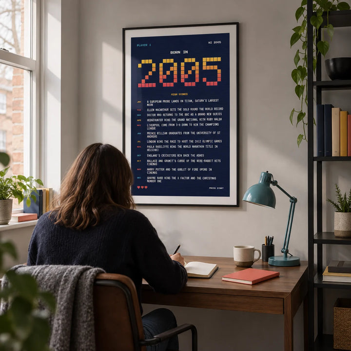2005 Pixel Art Print, framed on the wall of a compact study in a UK terraced house with a pale grey wall and black metal shelving