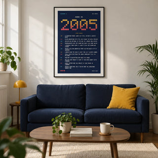 2005 Pixel Art Print, framed on the wall of a crisp modern living room in a young adult's first UK flat (20-25)