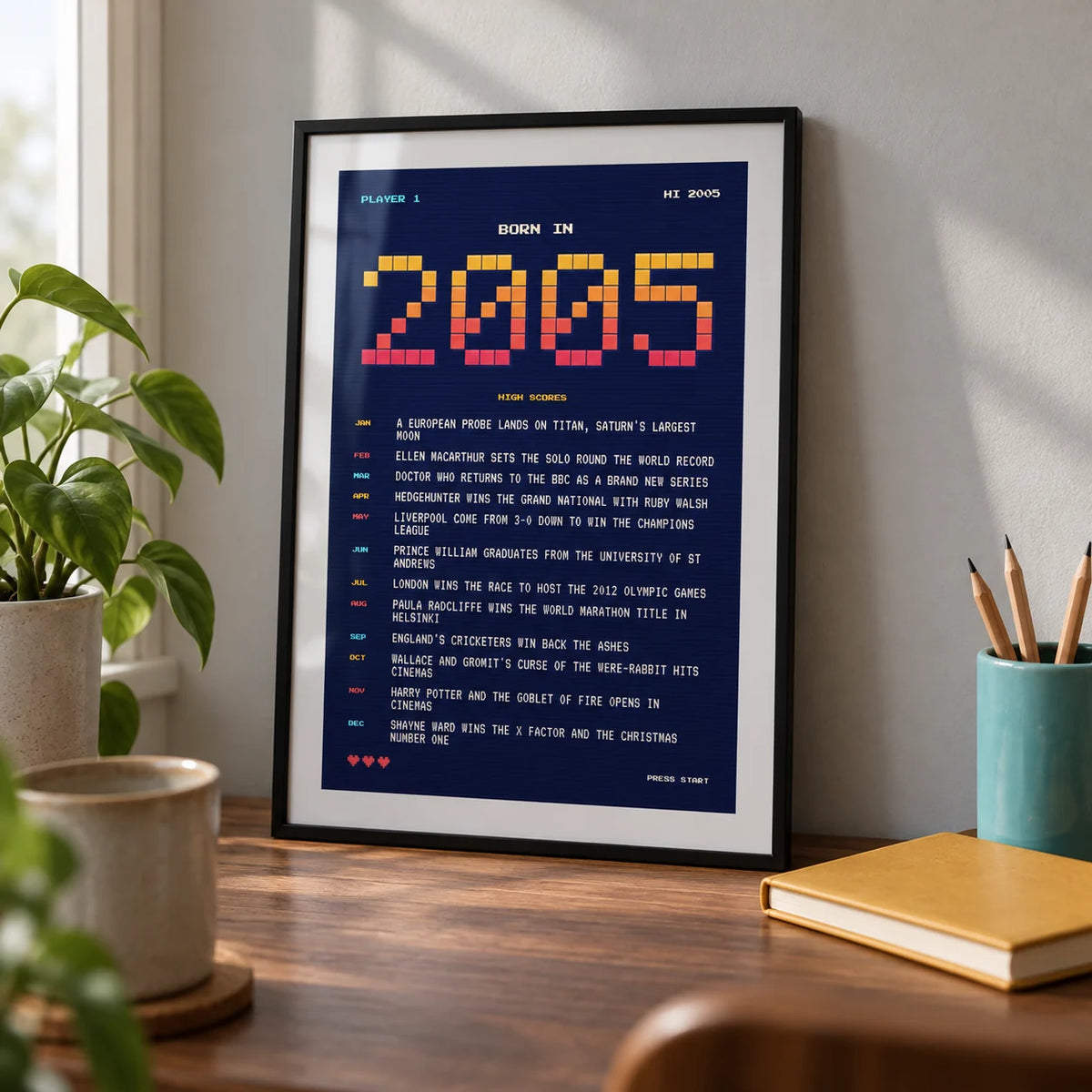 2005 Pixel Art Print, a small A4 framed print leaning on a walnut desk