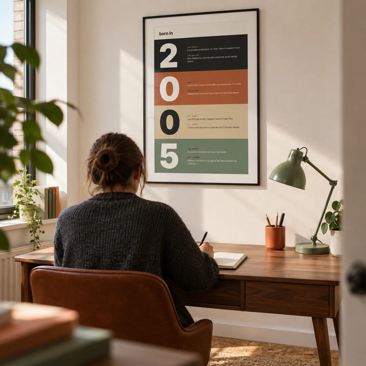 2005 Typography Print, framed on the wall of a compact home study in a modern UK flat with a warm white wall and a plain cork floor