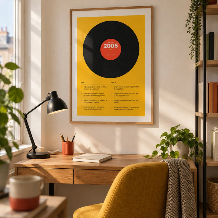 2005 Vinyl Record Print, framed on the wall of a compact home study in a UK first flat for a young adult aged 21-25 with a warm white wall