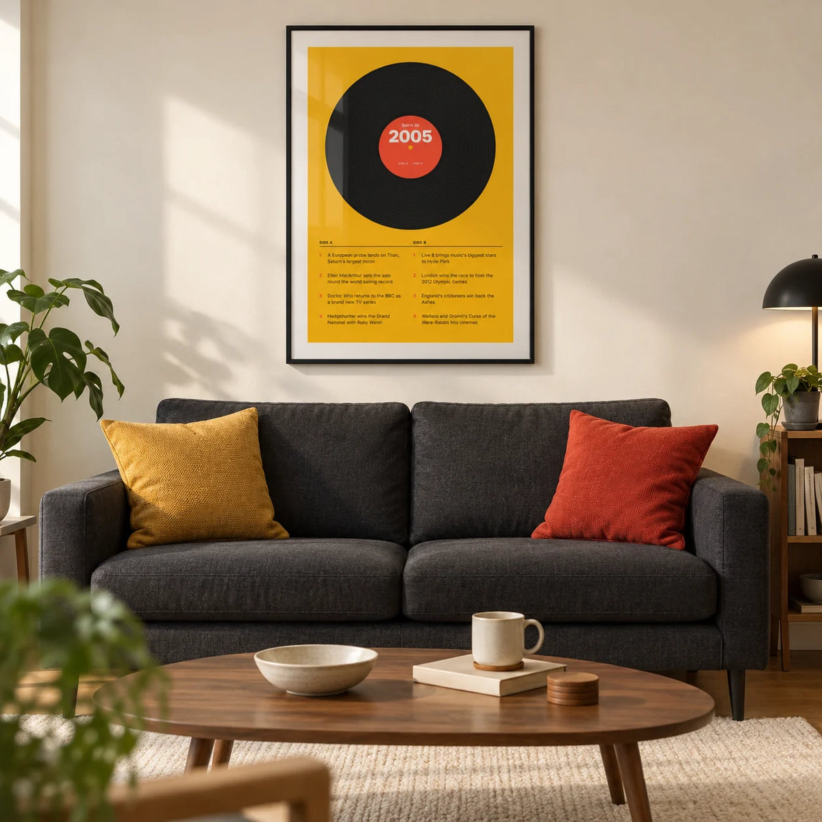 2005 Vinyl Record Print, framed on the wall of a modern living room in a young adult's UK first flat with a warm white wall and oak floor