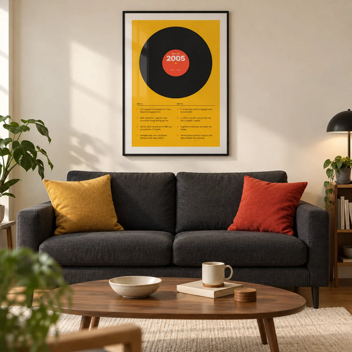 2005 Vinyl Record Print, framed on the wall of a modern living room in a young adult's UK first flat with a warm white wall and oak floor