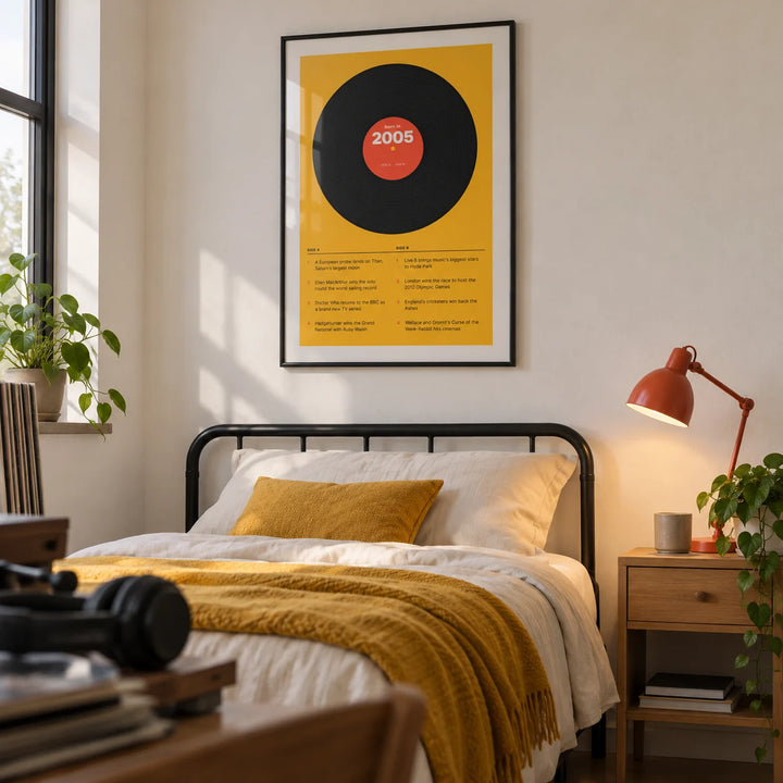 2005 Vinyl Record Print, framed on the wall of a tidy university bedroom for a music-loving student aged 18-21 with an off-white wall