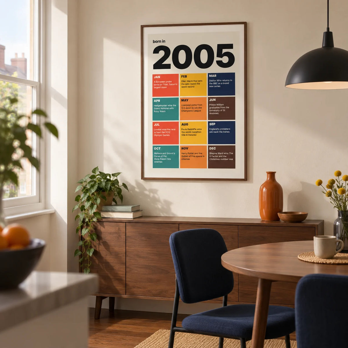 2005 Year in Review Print, framed on the wall of a modern dining nook in a small UK flat with a warm cream wall and a walnut floor