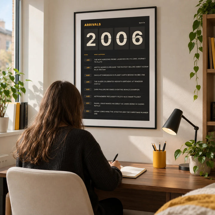 2006 Arrivals Board Print, framed on the wall of a bright study corner in a UK university flat for a student aged 18-21