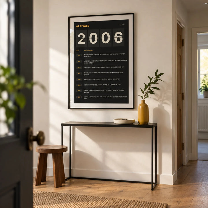 2006 Arrivals Board Print, framed on the wall of a narrow entrance hallway in a modern UK flat with a warm white wall and simple oak floor