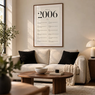 2006 Birthday Print, framed on the wall of a compact design-led living room in a young adult's UK first flat with pale stone walls and a walnut floor