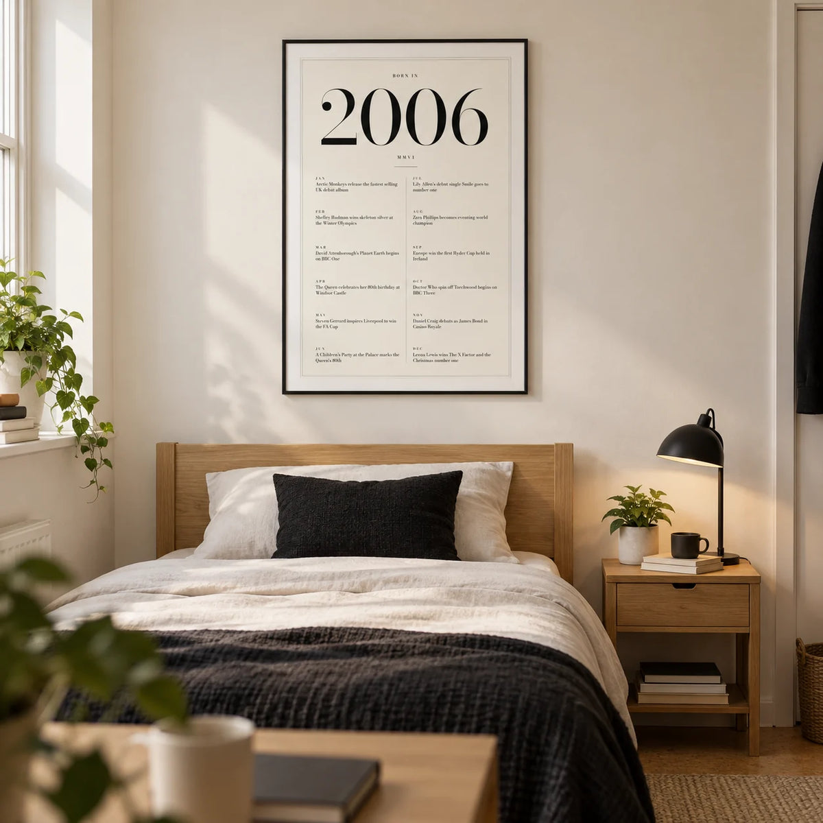 2006 Birthday Print, framed on the wall of a modern university single bedroom for a young adult (18-21) in a UK shared house with a warm white wall
