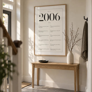 2006 Birthday Print, framed on the wall of a narrow contemporary hallway in a UK terraced house with warm white walls and plain grey floor tiles