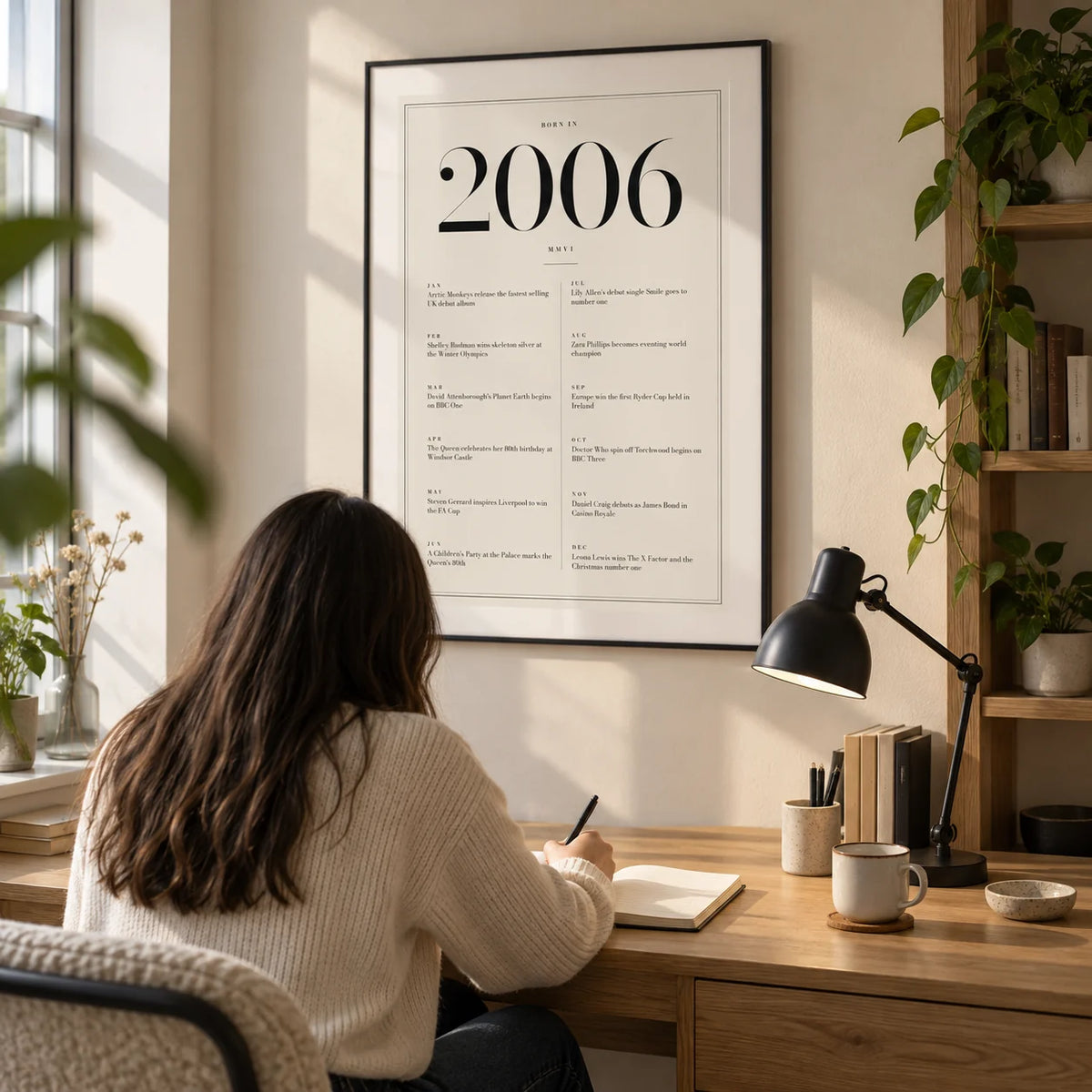 2006 Birthday Print, framed on the wall of a small modern study corner for a university student (18-21) with an ivory wall and oak shelving