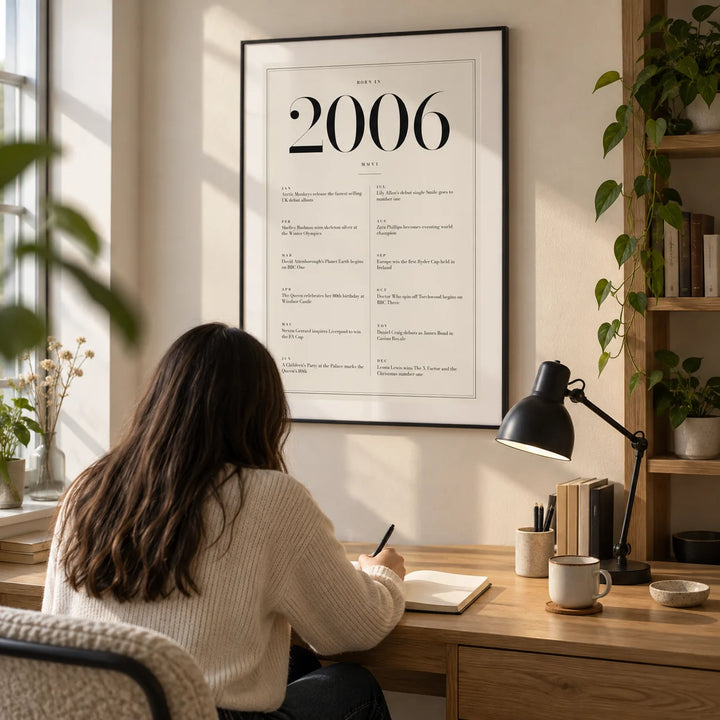 2006 Birthday Print, framed on the wall of a small modern study corner for a university student (18-21) with an ivory wall and oak shelving