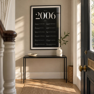 2006 Black Birthday Print, framed on the wall of a narrow entrance hallway in a renovated UK terrace