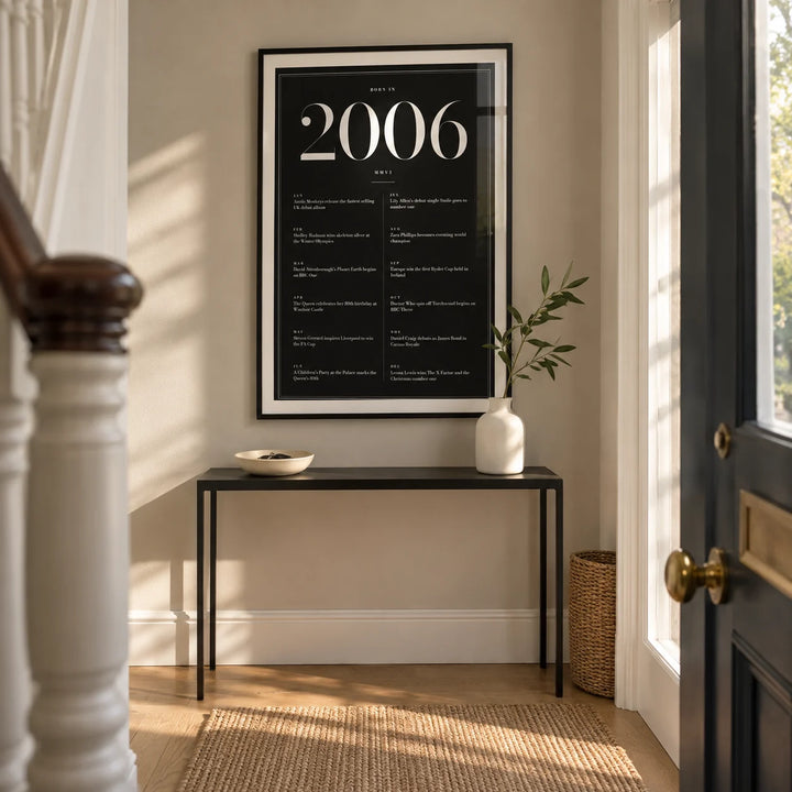 2006 Black Birthday Print, framed on the wall of a narrow entrance hallway in a renovated UK terrace