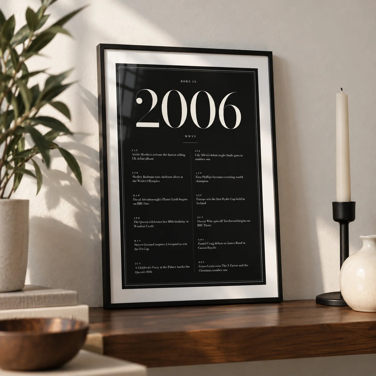 2006 Black Birthday Print, a small A4 framed print leaning on a walnut shelf in a living room