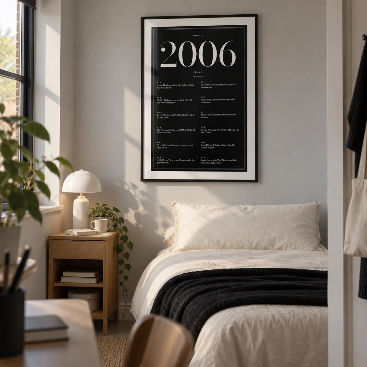 2006 Black Birthday Print, framed on the wall of a thoughtfully furnished UK university single bedroom for a student aged 18-21