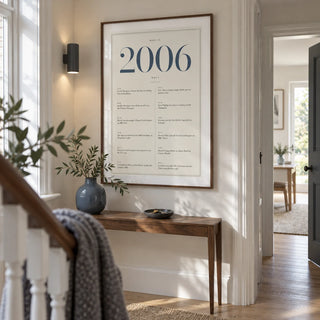 2006 Blue Birthday Print, framed on the wall of a narrow hallway in a modern UK terraced home with ivory walls and pale wooden flooring