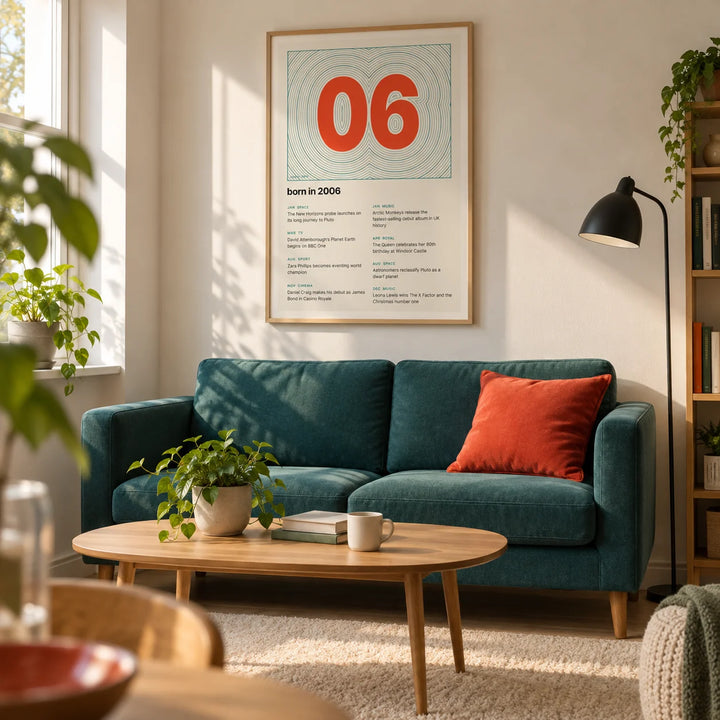 2006 Contour Map Print, framed on the wall of a compact design-led living room in a young adult's first UK flat (22-28)