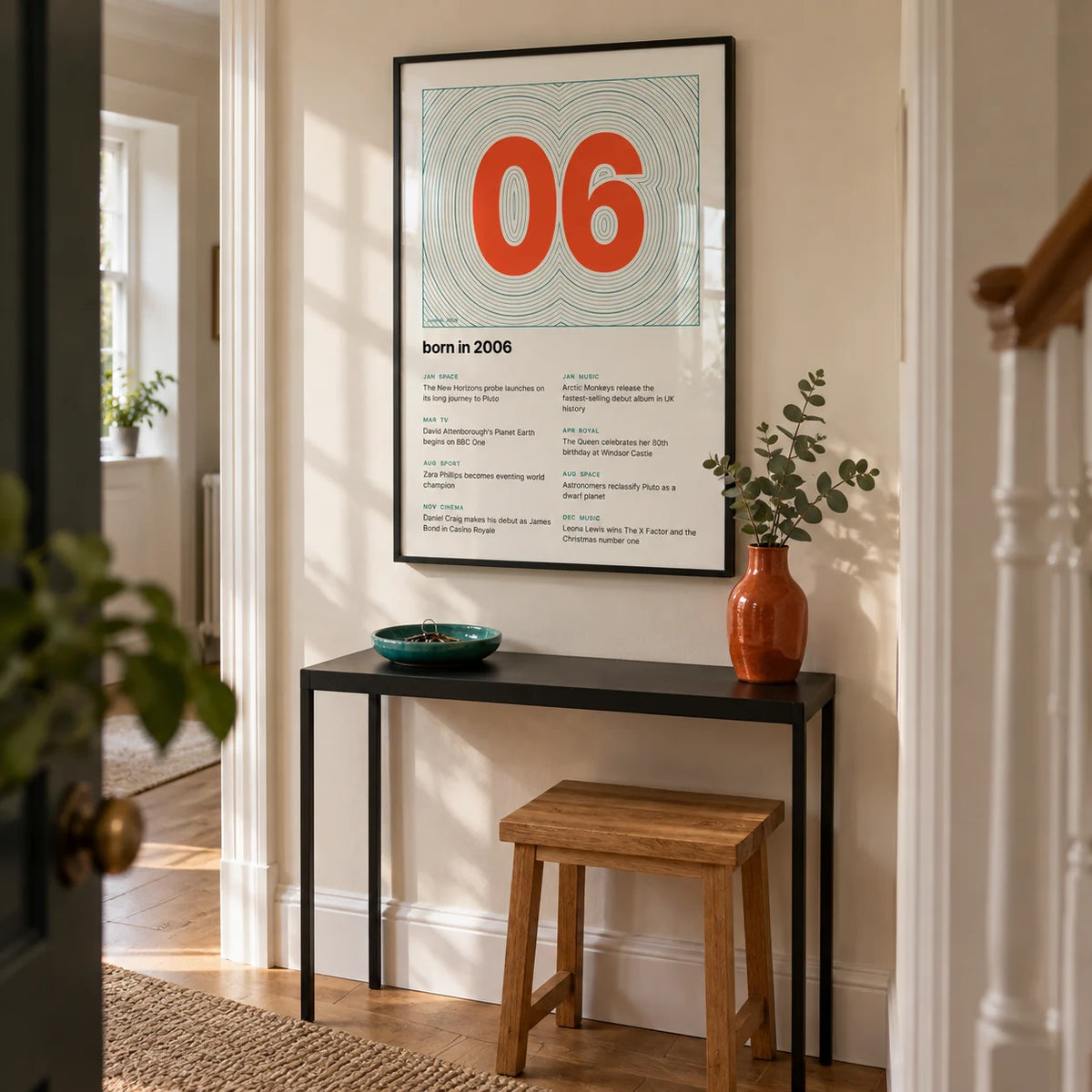 2006 Contour Map Print, framed on the wall of a narrow contemporary hallway in a UK terraced home with a pale cream wall and natural oak floorboards