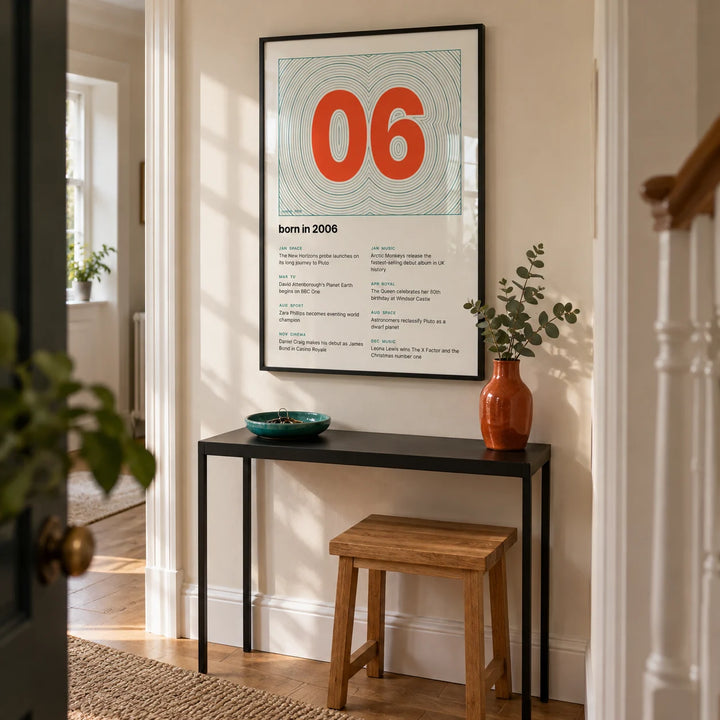 2006 Contour Map Print, framed on the wall of a narrow contemporary hallway in a UK terraced home with a pale cream wall and natural oak floorboards
