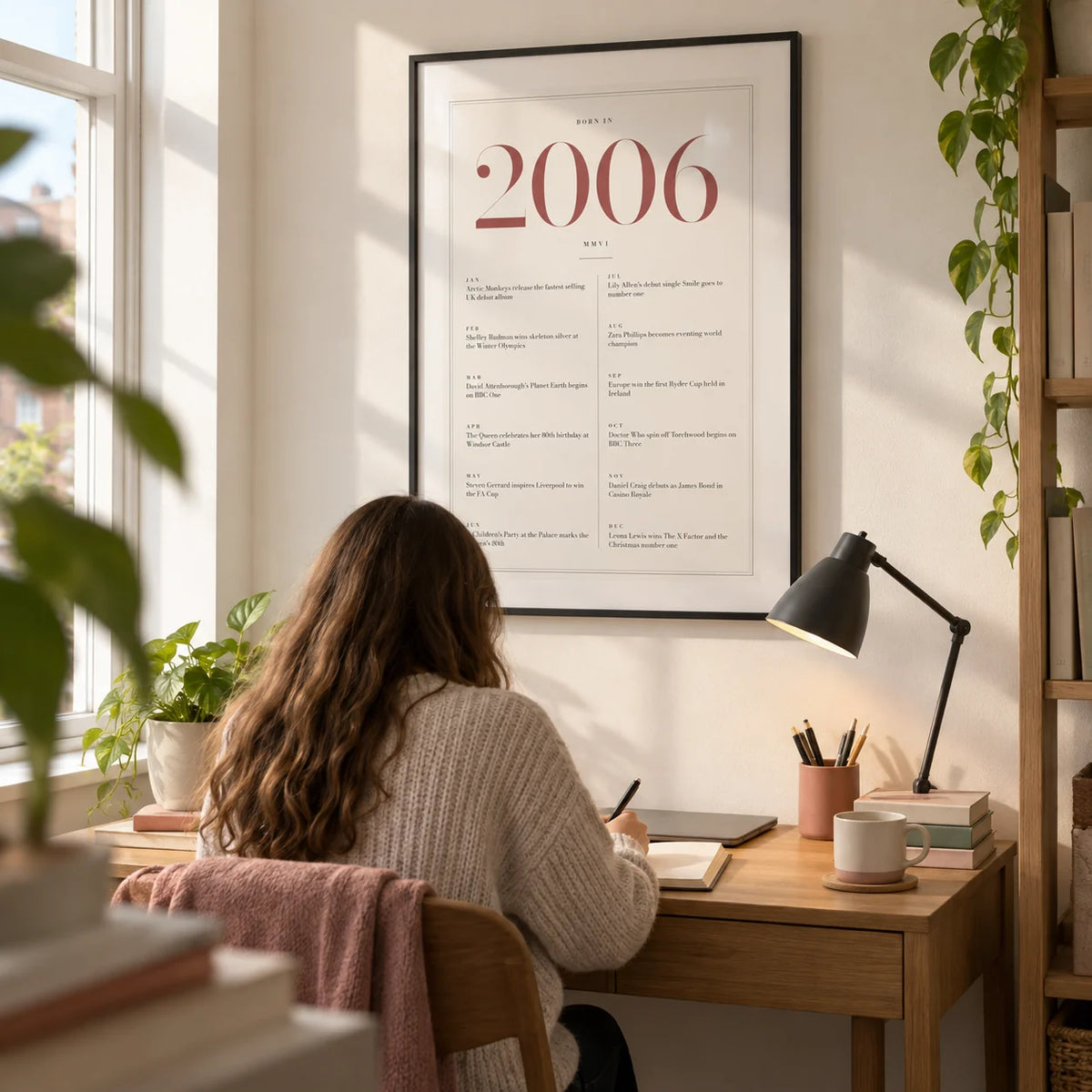2006 Pink Birthday Print, framed on the wall of a bright study corner in a UK flat for a young adult (18-25)