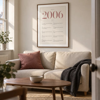 2006 Pink Birthday Print, framed on the wall of a compact modern living room in a young adult's UK first flat