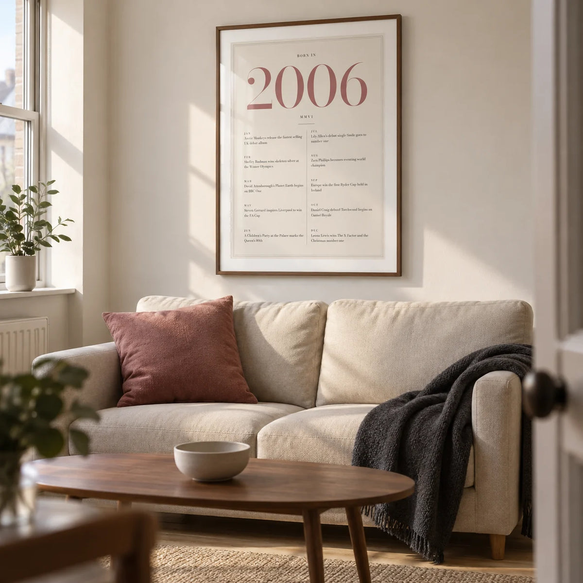 2006 Pink Birthday Print, framed on the wall of a compact modern living room in a young adult's UK first flat
