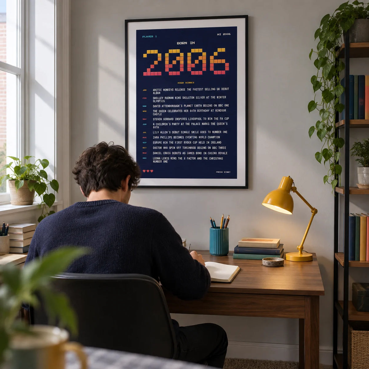 2006 Pixel Art Print, framed on the wall of a compact home study for a young adult (20-28) in a UK terrace with a pale grey wall
