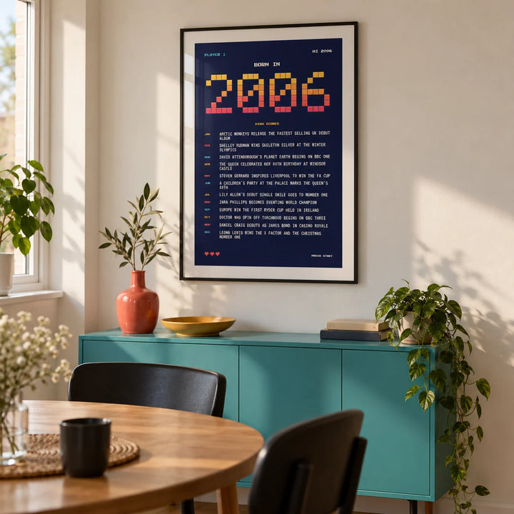 2006 Pixel Art Print, framed on the wall of a small modern dining corner in a UK first flat (22-28) with a warm white wall