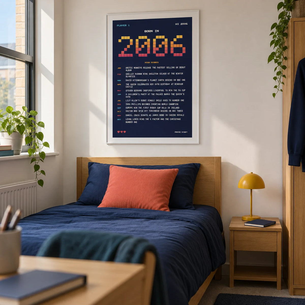 2006 Pixel Art Print, framed on the wall of a tidy UK university single bedroom for a student (18-21) with a white wall and simple oak furniture