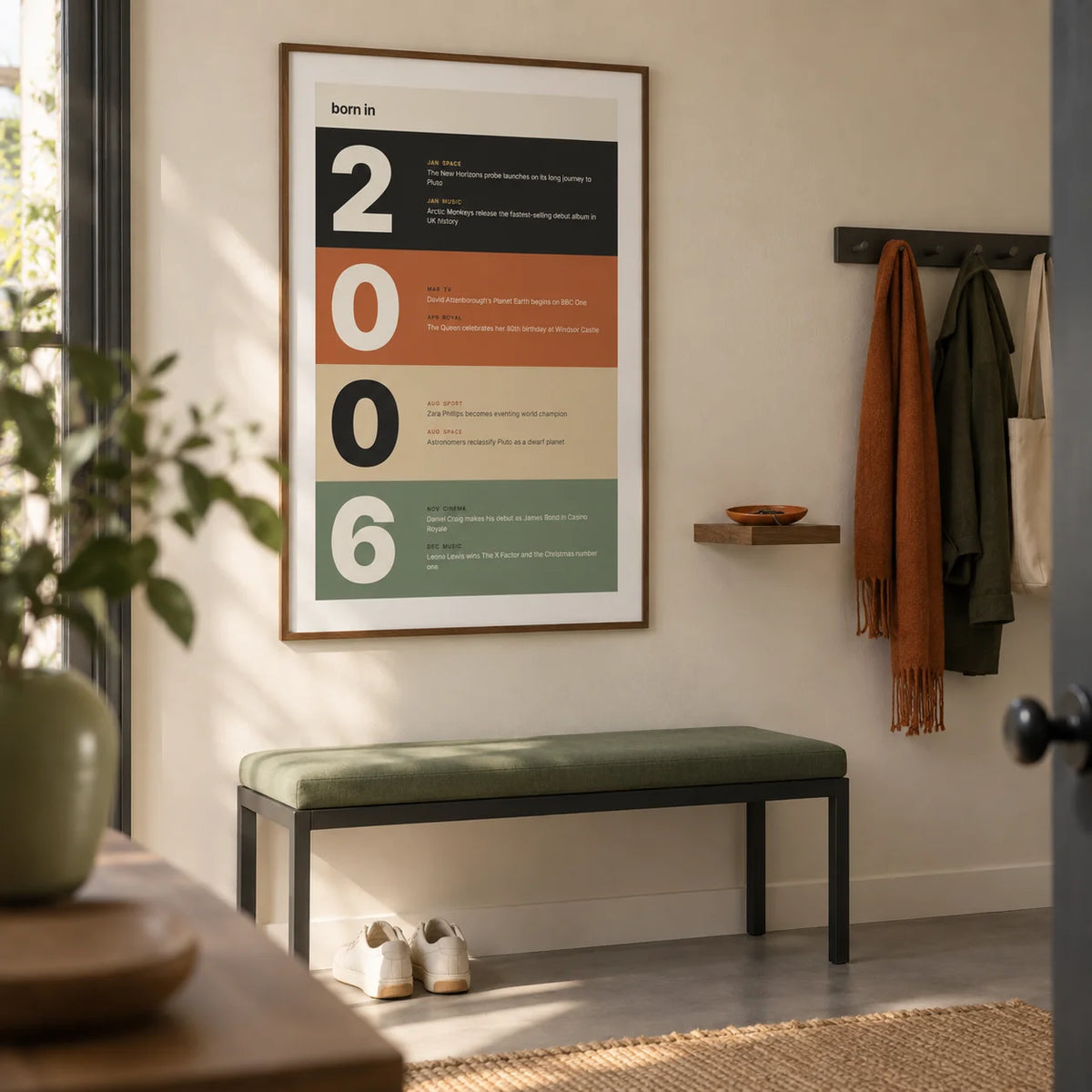 2006 Typography Print, framed on the wall of a design-led entrance hallway in a first flat with a pale cream wall and a plain grey floor