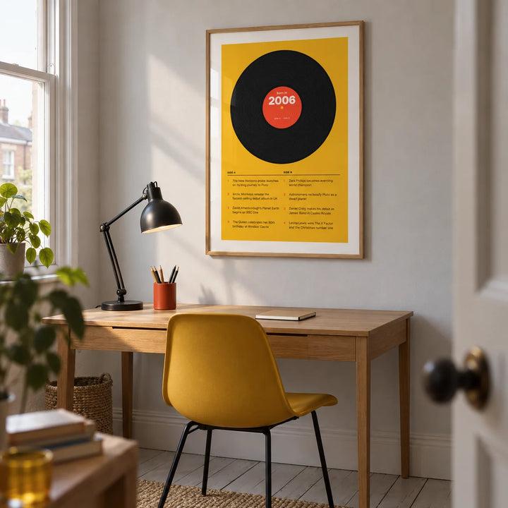 2006 Vinyl Record Print, framed on the wall of a compact creative study in a young adult's UK terrace flat with a light grey wall and painted floorboards