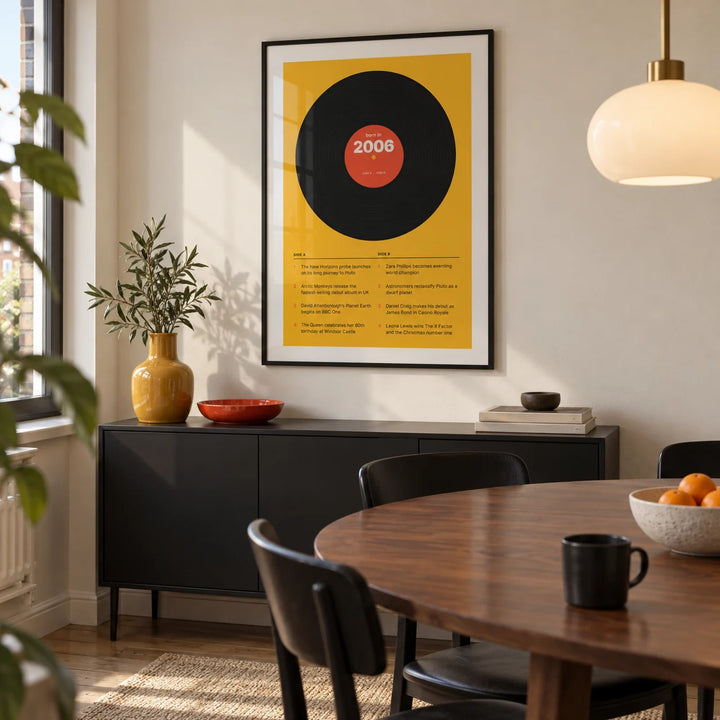 2006 Vinyl Record Print, framed on the wall of a modern dining nook in a small UK city flat with a cream wall and a walnut dining table