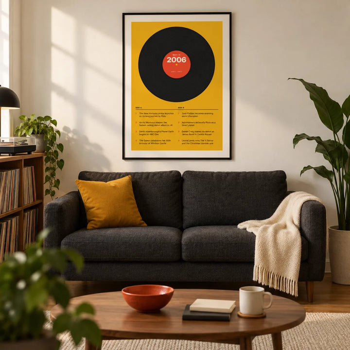 2006 Vinyl Record Print, framed on the wall of a modern living room in a young music lover's UK first flat