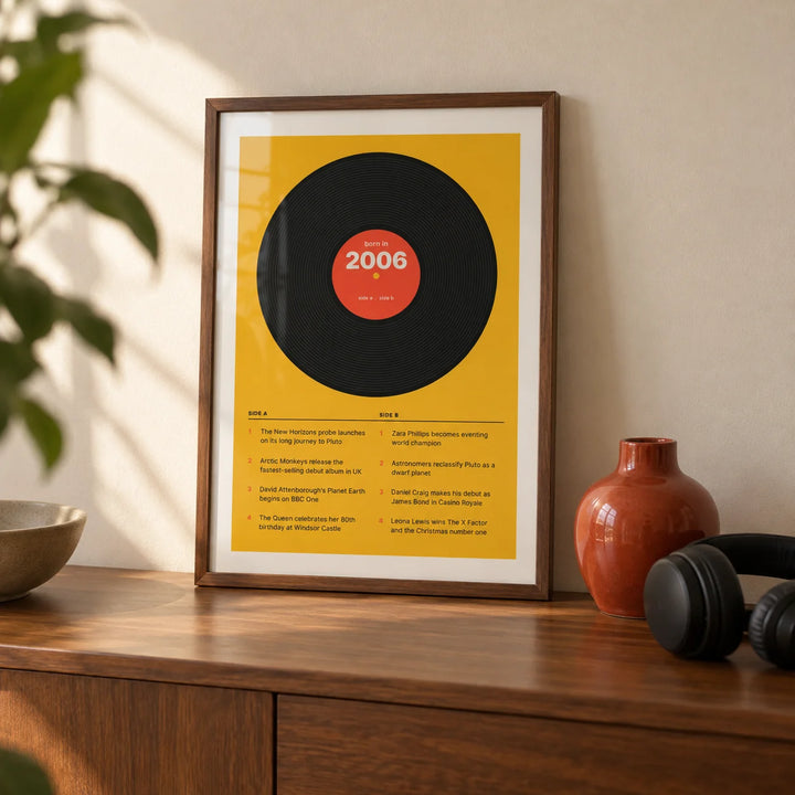 2006 Vinyl Record Print, a small A4 framed print leaning on a walnut sideboard in a living room