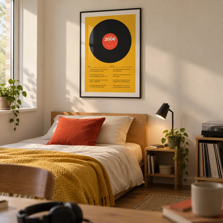 2006 Vinyl Record Print, framed on the wall of a tidy university single bedroom for a music fan aged 18-21