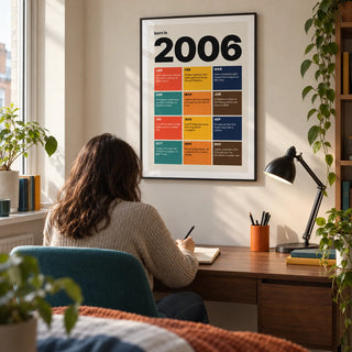 2006 Year in Review Print, framed on the wall of a compact study nook in a young adult's UK first flat with a cream wall and a teal desk chair