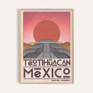 Teotihuacan Wall Art poster with geometric pyramid and rising sun